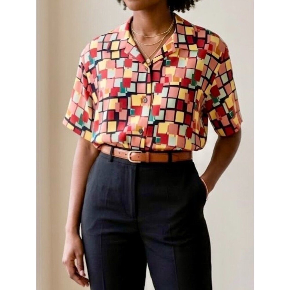 Vintage Jantzen Petites Geometric Multicolor Print Camp Button Blouse SZ 10